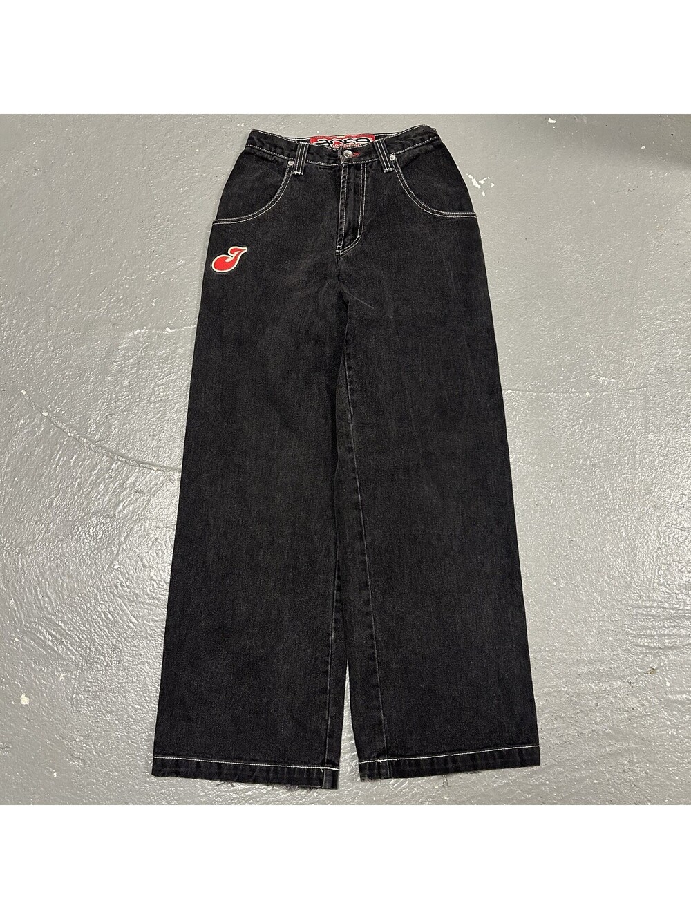 VINTAGE 90s JNCO Loosey Girl Denim Wide Leg Jeans Black Patch Size 3 (24W x 30L)